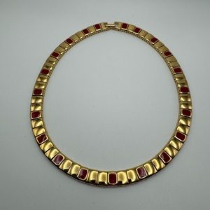 Vintage Monet choker necklace with red enamel and gold tone - 15"